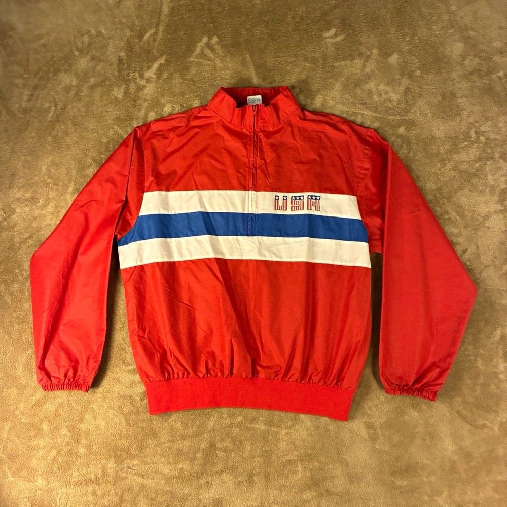 VTG MacGregor Mens Jacket L USA Red White Blue Striped Half-Zip Windbreaker 80s
